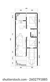2 dimension floor plan and furniture layout design of house 63 meters squares, line black isolated on white background. Set 2