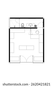 2 dimensão planta de chão com design de layout de móveis da loja 25 metros quadrados, linha de vetor preto isolado no fundo branco. Conjunto 3