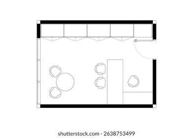 2 dimension floor plan with furniture layout home office, line black isolated on white background. Set 15