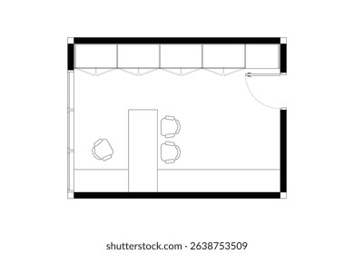 2 dimension floor plan with furniture layout home office, line black isolated on white background. Set 12