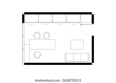 2 dimension floor plan with furniture layout home office, line black isolated on white background. Set 13