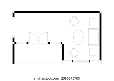 2 dimension of furniture layout of guest room interior design black on white background. 14