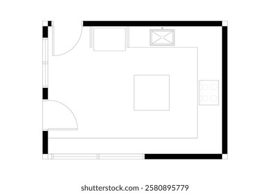 2 dimension of furniture layout of kitchen interior design black on white background. 13