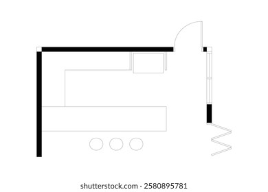 2 dimension of furniture layout of pantry interior design black on white background. 15