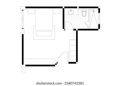 2 dimension of interior bed room with bath room layout design. Black on white background. Set 12