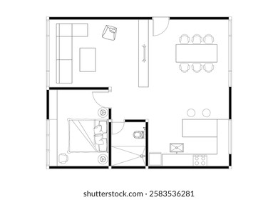 2 dimension of layout of apartement small interior design of furniture plan, black lines on white background. 3
