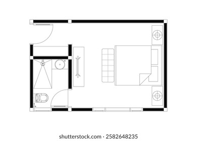 2 dimension layout bedroom and bath room set of interior design plan, lines black on white background. Set 17