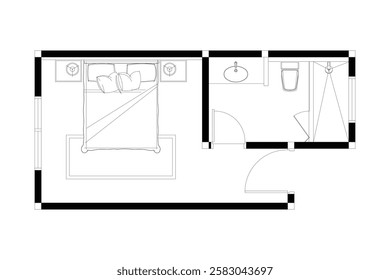 2 dimension of layout bedroom with bathroom interior design furniture plan, black lines on white background. Set 21