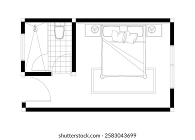 2 dimension of layout bedroom with bathroom interior design furniture plan, black lines on white background. Set 22