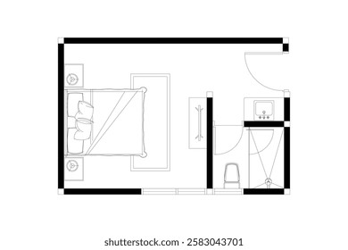 2 dimension of layout bedroom with bathroom interior design furniture plan, black lines on white background. Set 23