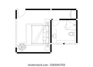 2 dimension of layout bedroom with bathroom interior design furniture plan, black lines on white background. Set 20