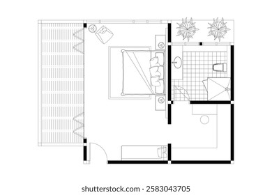2 dimension of layout bedroom with bathroom interior design furniture plan, black lines on white background. Set 19
