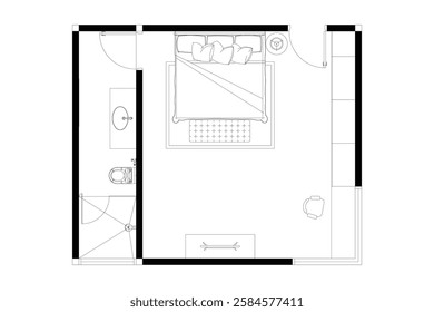 2 dimension of layout bedroom with bathroom of interior design furniture plan, black lines on white background, isolated. Set 38