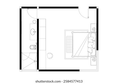 2 dimension of layout bedroom with bathroom of interior design furniture plan, black lines on white background, isolated. Set 39