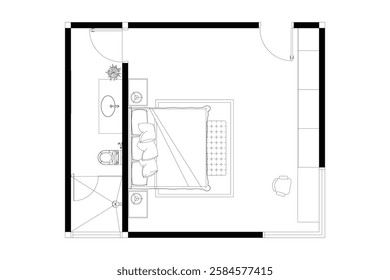 2 dimension of layout bedroom with bathroom of interior design furniture plan, black lines on white background, isolated. Set 36