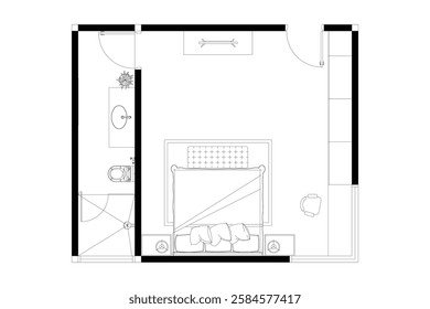 2 dimension of layout bedroom with bathroom of interior design furniture plan, black lines on white background, isolated. Set 37