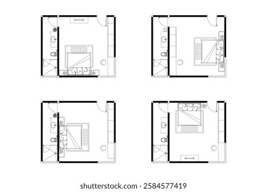 2 dimension of layout bedroom with bathroom options of interior design furniture plan, black lines on white background, isolated. Set 40