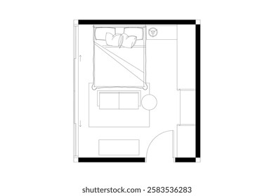 2 dimension of layout of bedroom interior design of furniture plan, black lines on white background. 1
