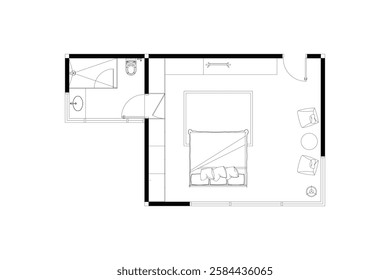 2 dimension of layout furniture of bedroom with bathroom interior design plan of top view, black lines on white background, isolated. Set 34