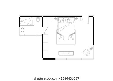 2 dimension of layout furniture of bedroom with bathroom interior design plan of top view, black lines on white background, isolated. Set 32