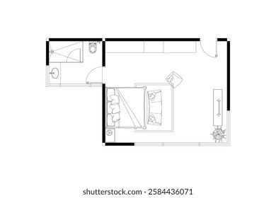 2 dimension of layout furniture of bedroom with bathroom interior design plan of top view, black lines on white background, isolated. Set 33