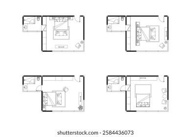 2 dimension of layout furniture of bedroom with bathroom interior options design plan of top view, black lines on white background, isolated. Set 35