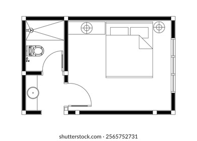 2 dimension of layout plan drawing of bedroom with bath room black on white background. Set 7