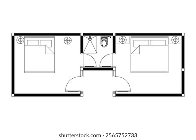 2 dimension of layout plan drawing of twin bedroom with bath room black on white background. Set 6