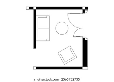 2 dimension of layout plan drawing of guest room with bath room black on white background. Set 11