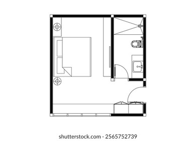 2 dimension of layout plan drawing of bedroom with bath room black on white background. Set 5