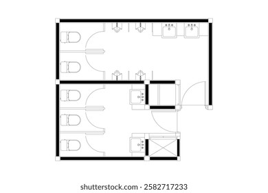 2 dimension of layout public toilet gent and ladies of interior design plan, black lines on white background. Set 3