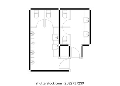 2 dimension of layout public toilet gent and ladies of interior design plan, black lines on white background. Set 2