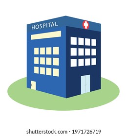 The 2 dimensional hospital building vector is on green circle, isolated white background