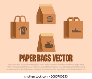 2 dimensional shape paper shopping bag, can be used for shopping icons, burgers, shoes, bread, and clothes, Fast food bag mock up set, Chocolate bag mockup for package design.