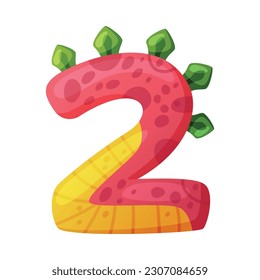 2 dino font number. Two dino effect numeral, kids, nursery, birthday party design cartoon vector illustration