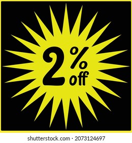 2% de descuento fuera de , Viernes Negro, descuentos de Viernes Negro, números con descuentos minoristas y de tiendas, icono amarillo y fondo negro