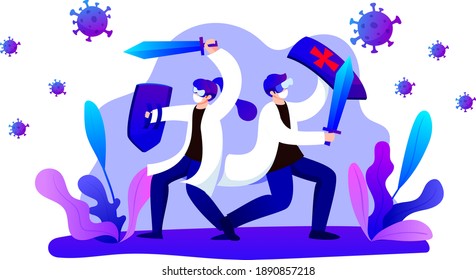 2 doctors with shield and weapon fighting against virus concept, coronavirus concept