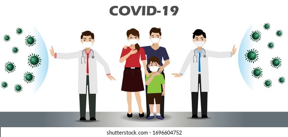 2 Doctors wear face mask and stethoscope fight with COVID-19 coronavirus spreading to save people life,  Idea for support doctor team fight with COVID-19 outbreak.