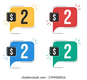 $2 dollar price. Yellow, red, blue and green currency tags. Balloon concept with two dollars sales tag.