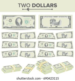 2 Dollars Banknote Vector. Cartoon US Currency. Two Sides Of Two American Money Bill Isolated Illustration. Cash Symbol 2 Dollars Stacks
