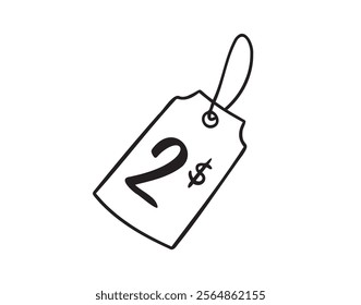 2 dollars sprice tag doodle hand drawn icon. Outline drawing two dollar price tag line clipart symbol. Isolated price tag. Vector illustration
