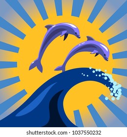 2 dolphins jumping over the wave