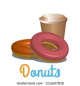 2 Donuts with coffee banner, icon, symbol, sign, logo Isolated. Template on white background. 3D style graphic design. Can be used as poster, label, sticker in candy, bakery store or market. Vector