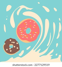 2 donuts. Play up the fun by making the donuts look like they are floating. And there is a milk wave that adds interest in the picture. can bring various elements to use in other works