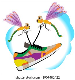 2 Libellen ziehen die Turnschuhe an den Schnürsenkeln in den Himmel