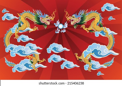 2 dragons and crystal ball on red background. vector.