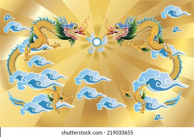 2 dragons and crystal ball on gold background. vector.