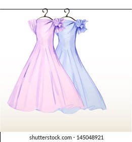 2 dresses on the hanger in pastel colors painted in watercolor