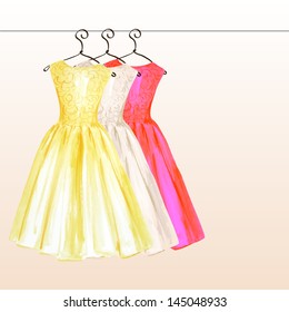 2 dresses on the hanger in pastel colors painted in watercolor