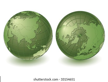2 earth views with country borders. Highly detailed. Vector version with separate layers for globe, grid, continents and borders, fully editable.